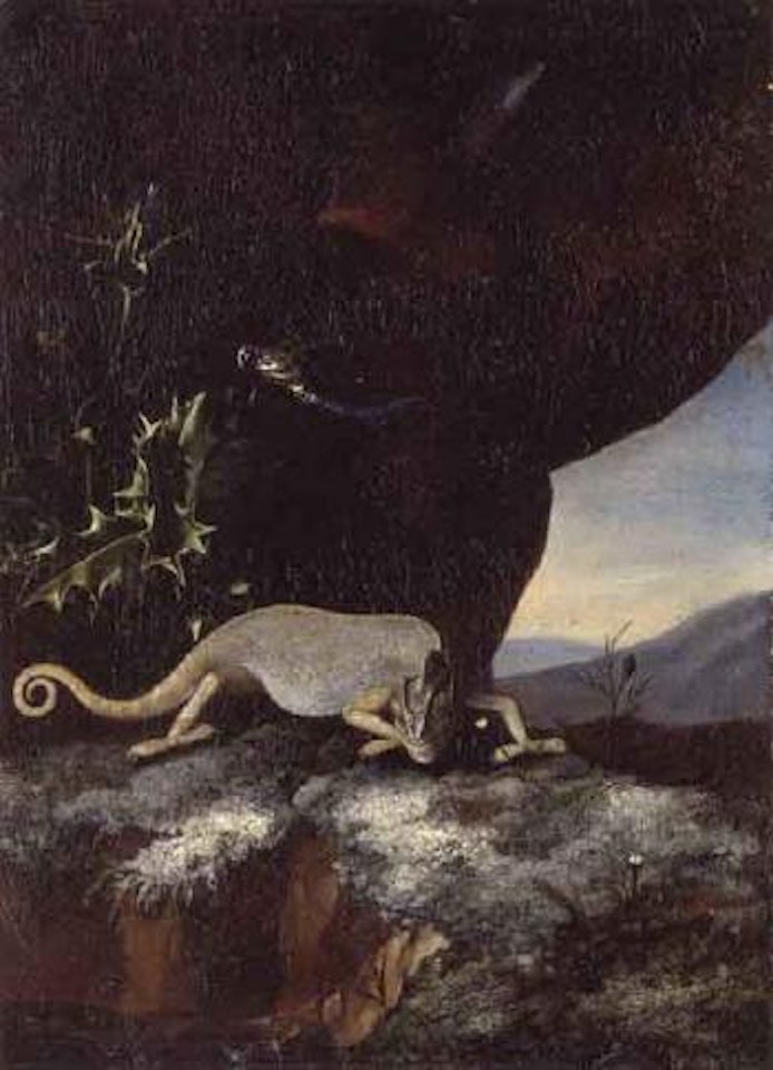 Chameleon with dragonfly on a thistle by Willem van Aelst