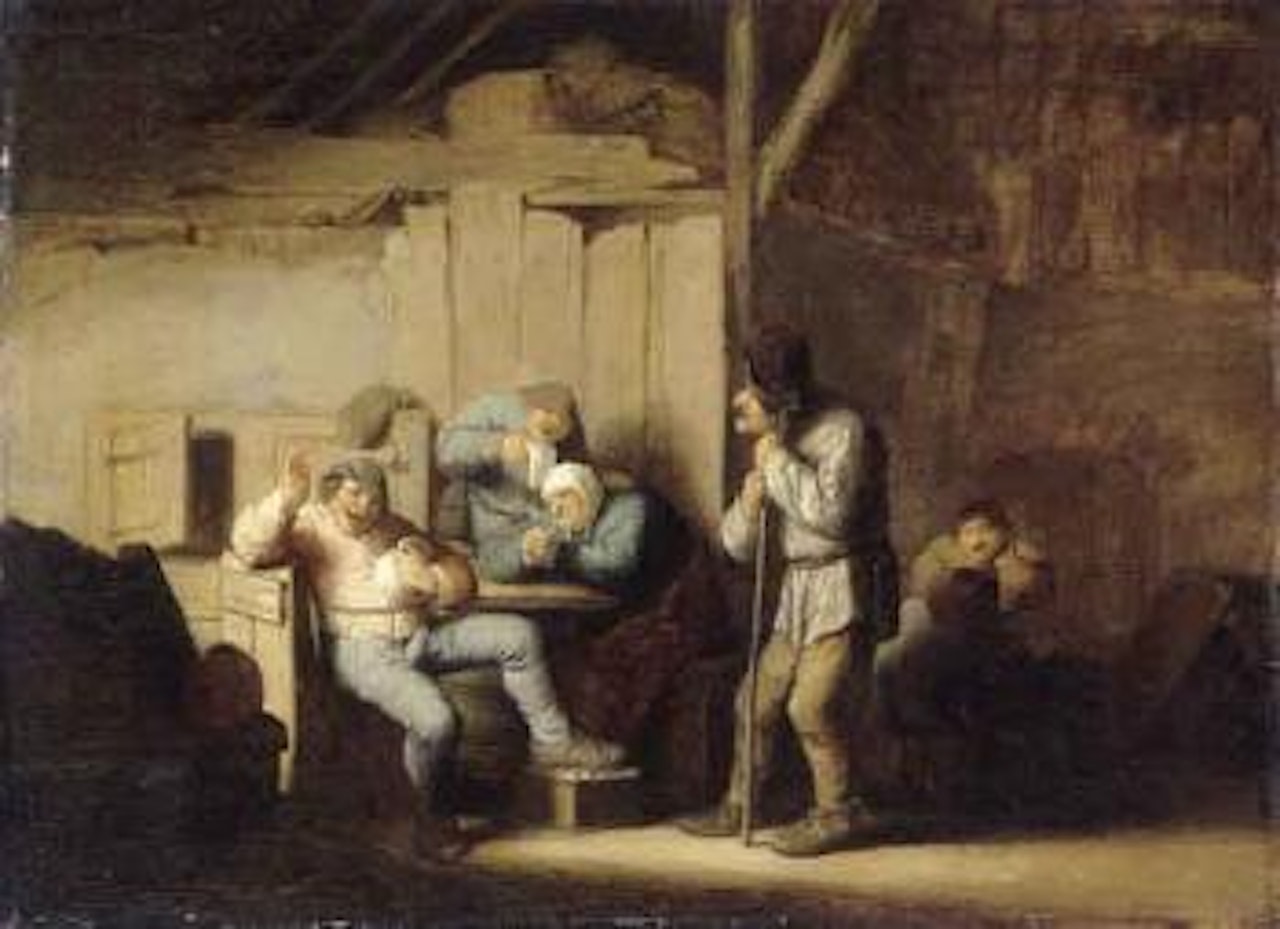 Boors smoking and drinking in interior by Adriaen van Ostade