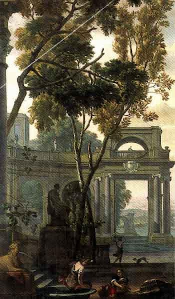 Figures in landscape with classical architecture by Isaac de Moucheron