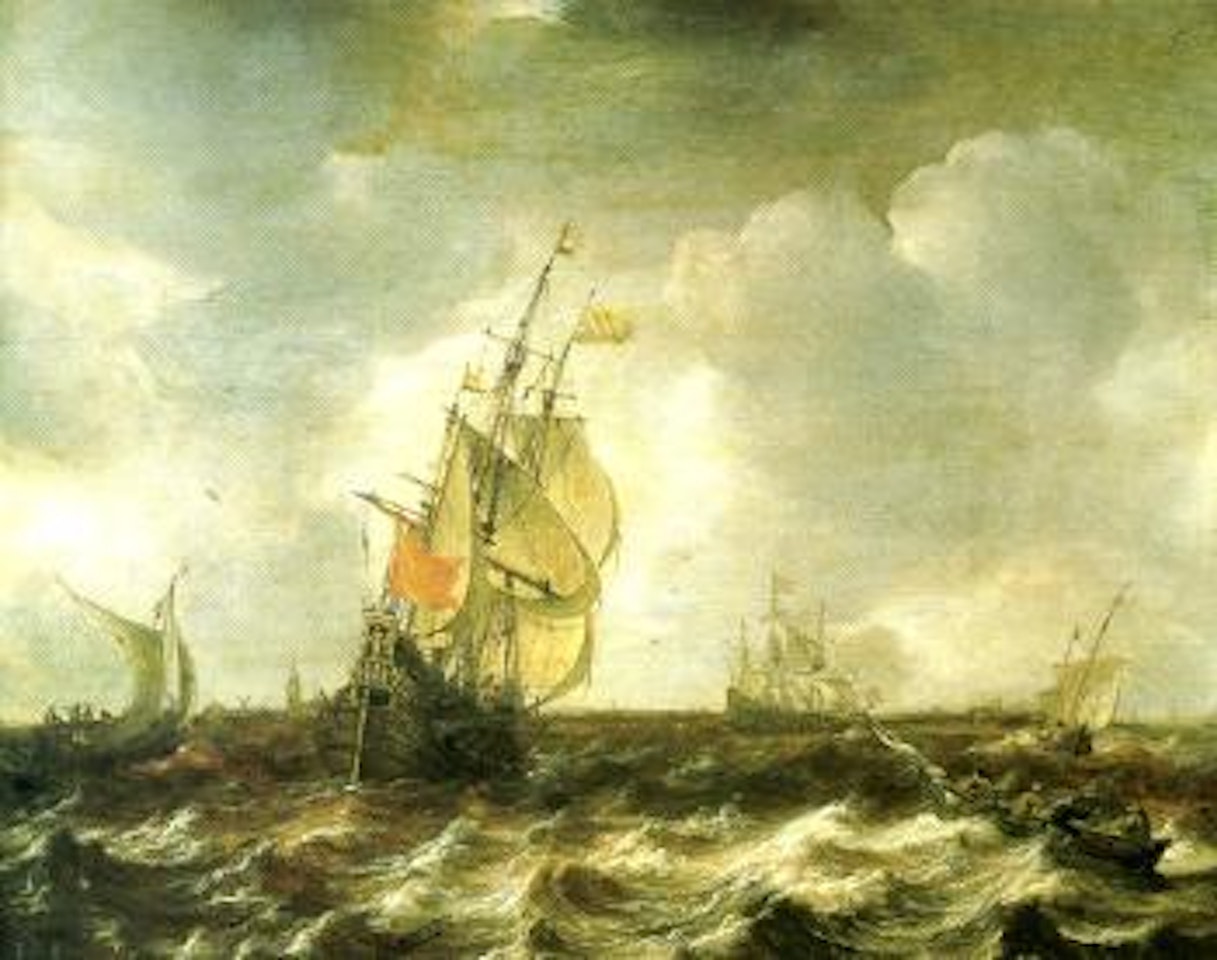 Warships and other small craft in estaury by Jan Abrahamsz. Beerstraten