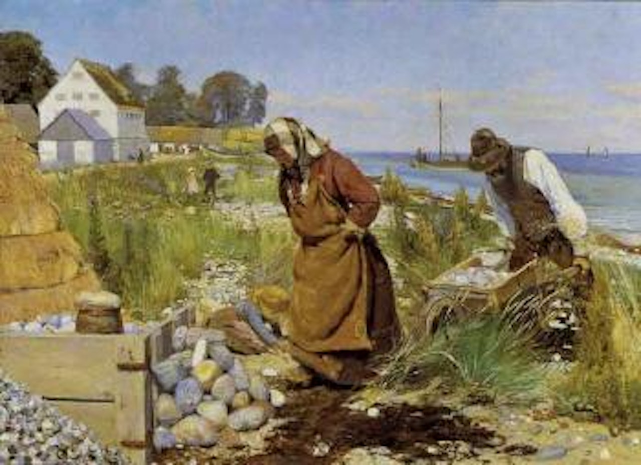 Couple breaking stones on beach, possibly Stevns by Hans Andersen Brendekilde