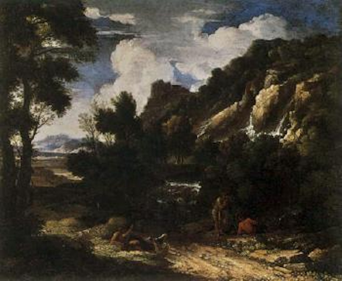 Figures with a dog on a path near a waterfall by Nicolas Poussin