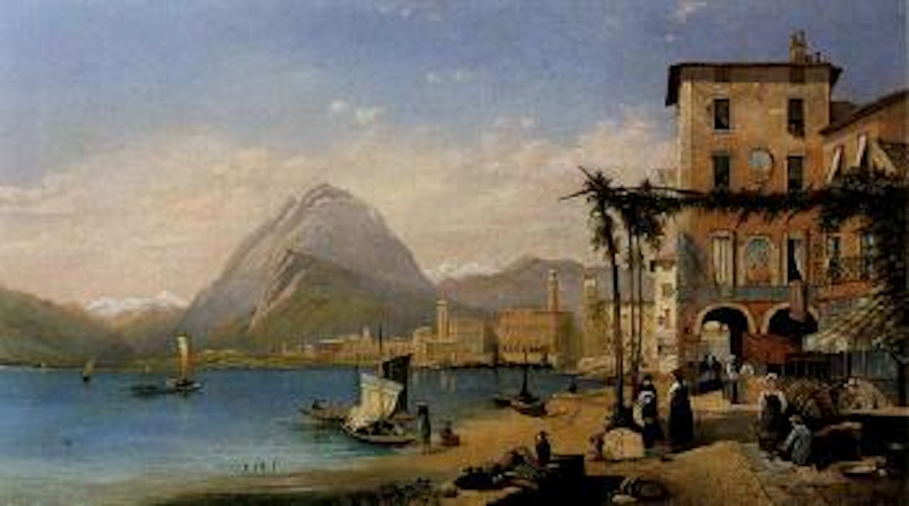 Seaside Italian village scene with snowcapped mountains by English School