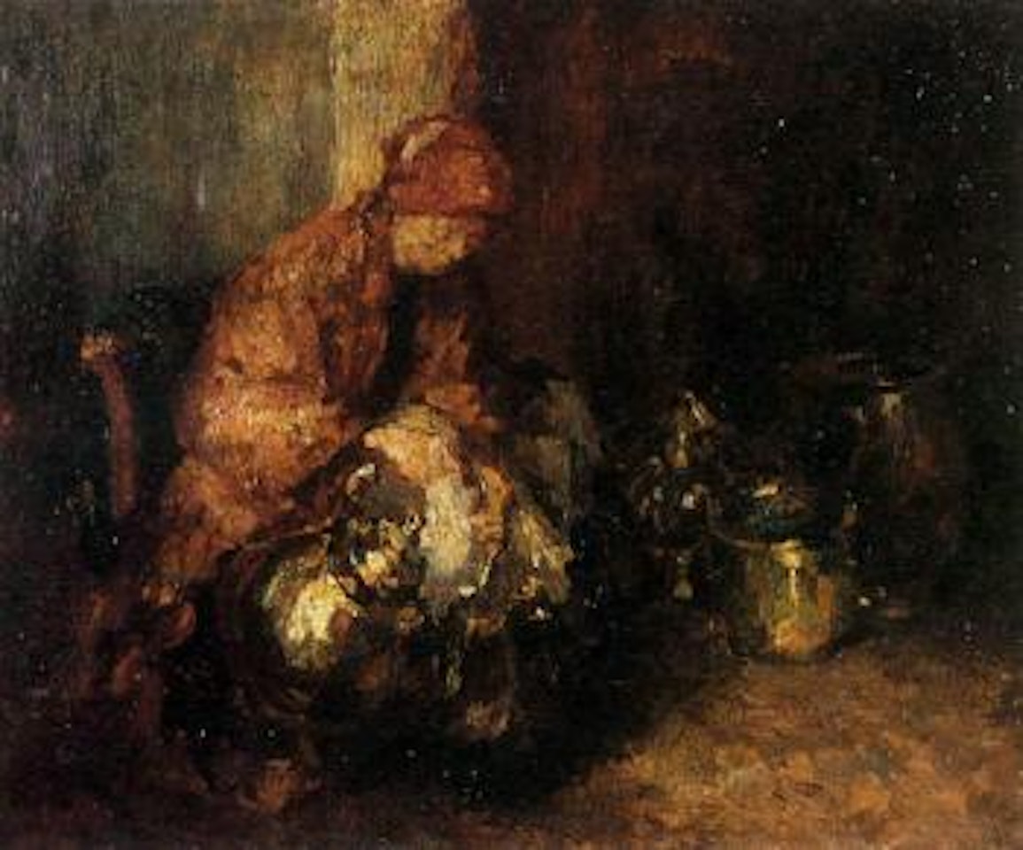 Woman with brass pots in an interior by Adolphe Monticelli