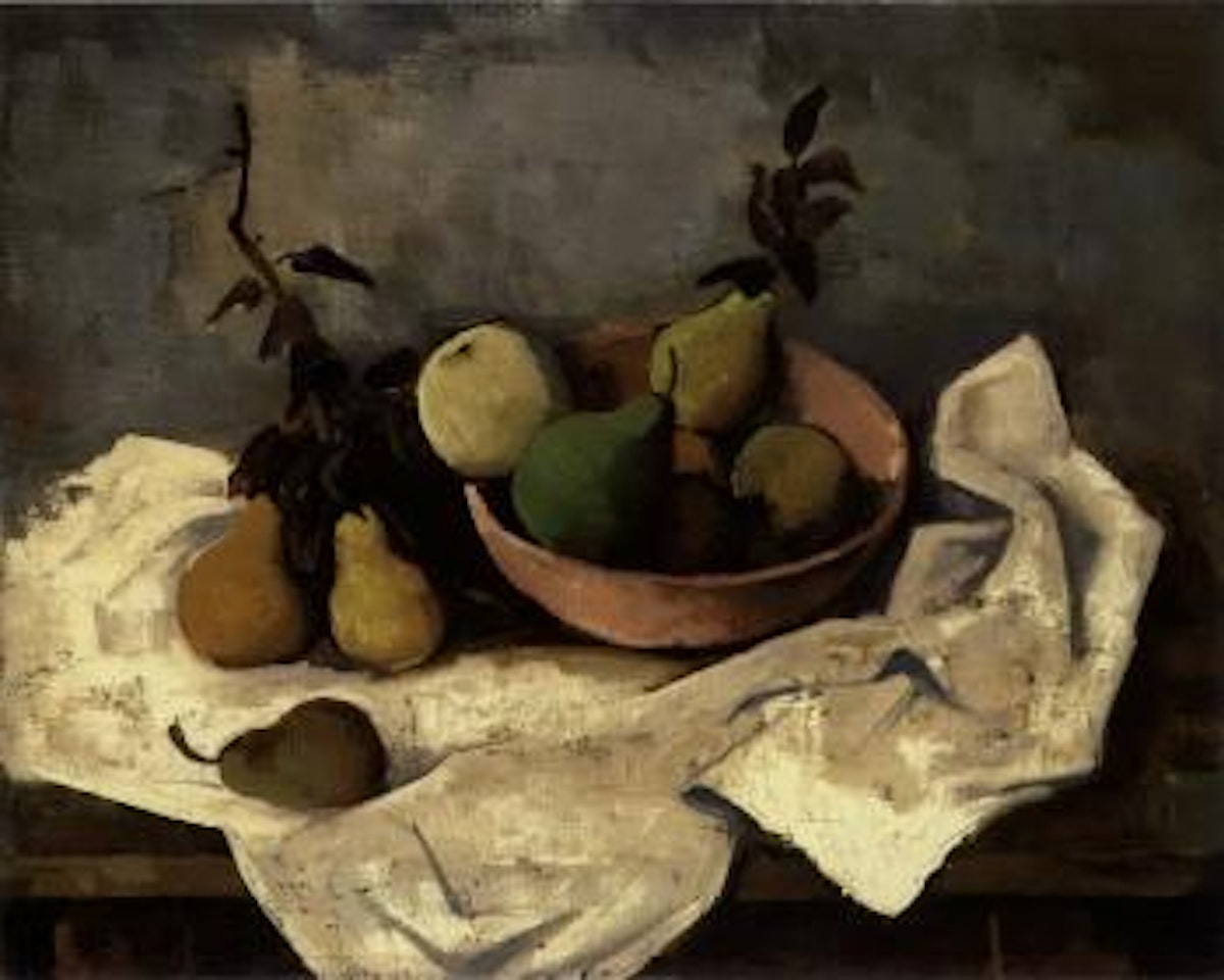 Still life with pink tablecloth by Karl Hofer