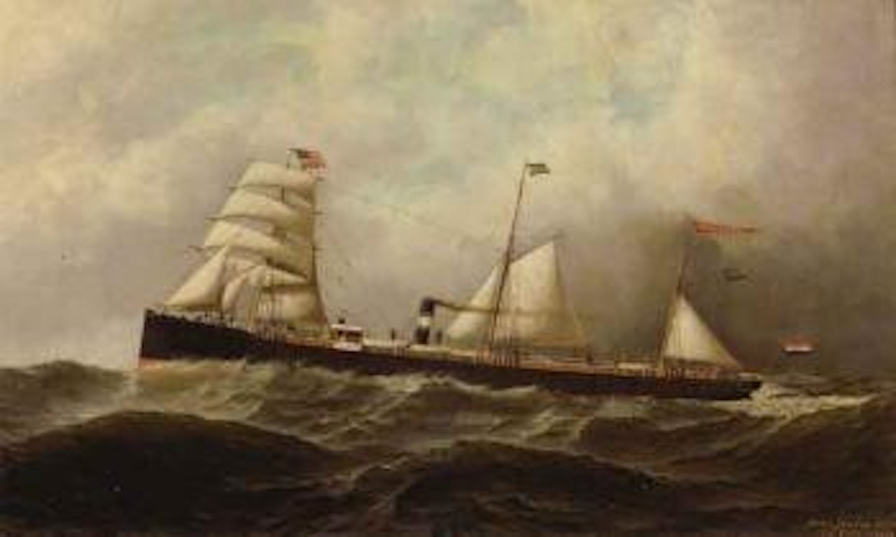 Portrait of steamship 'Schiedam' in choppy seas by Antonio Jacobsen