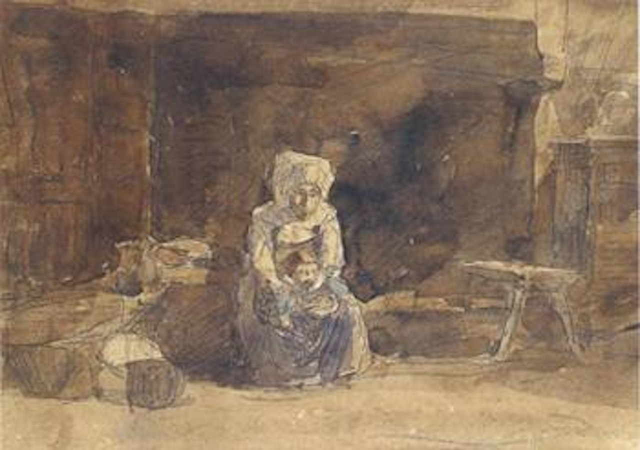 Femme et enfant devant la cheminee by Eugène Boudin