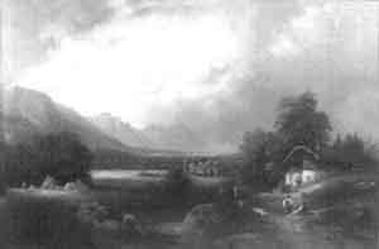Romantic landscape with farmsteads and peasants working by August Wilhelm Leu
