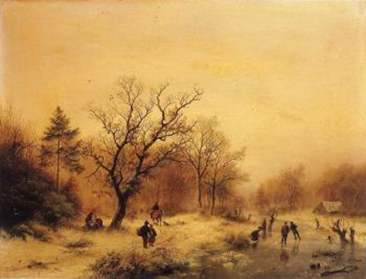 Snow covered forest with skaters on a frozen waterway by Barend Cornelis Koekkoek