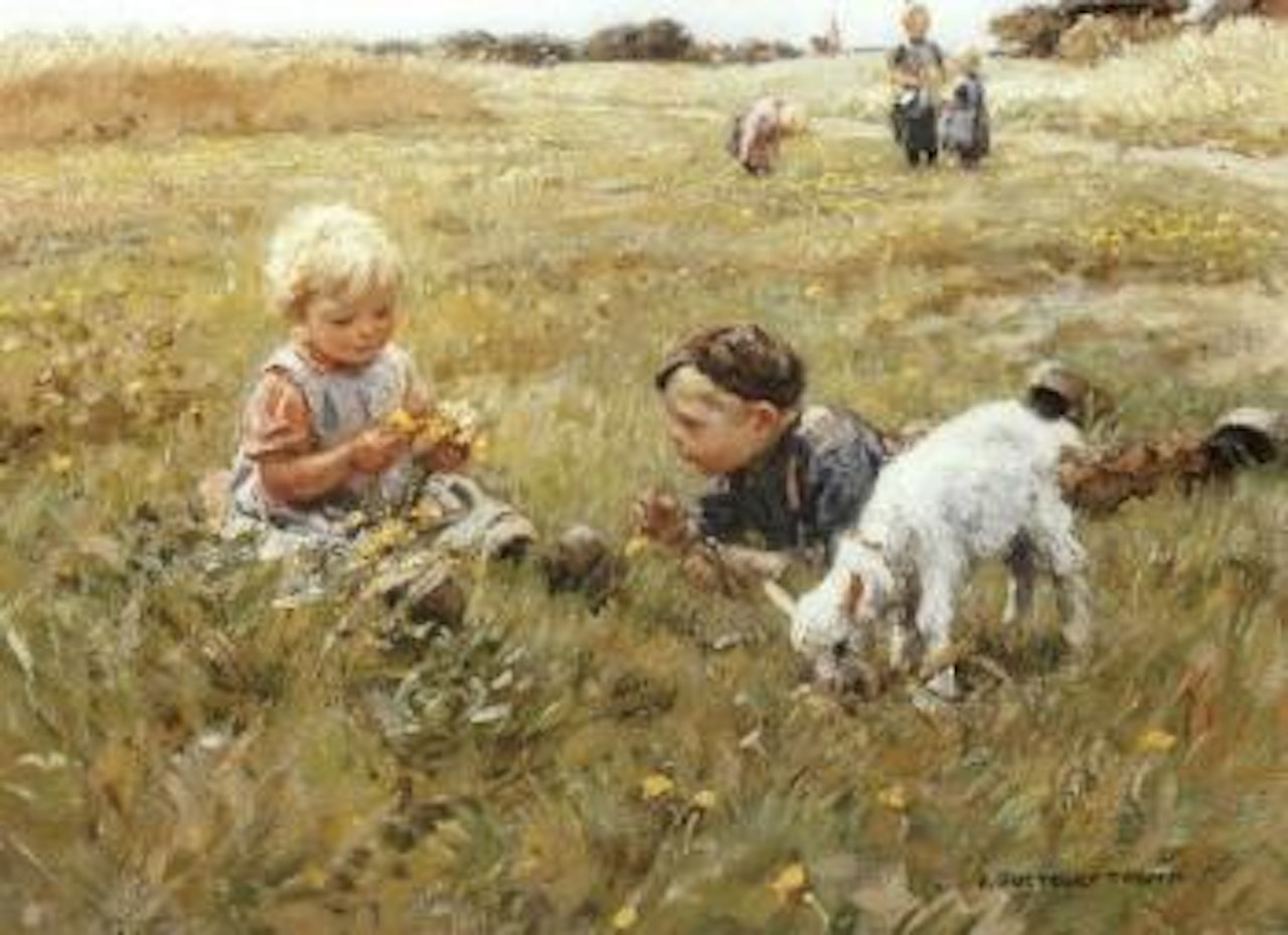 Children picking buttercups in a summer meadow by Jan Zoetelief Tromp