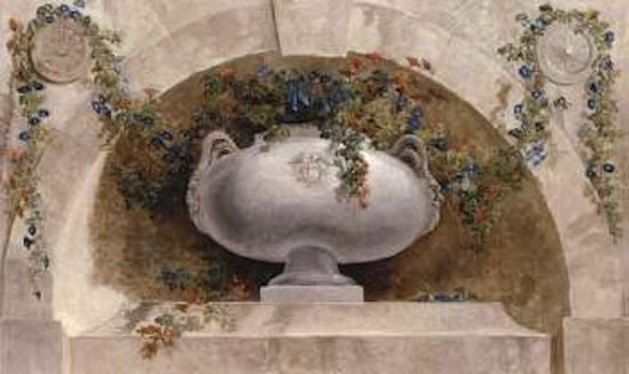 Stone vases with flowers and garland in architectural niches by Hubert Robert
