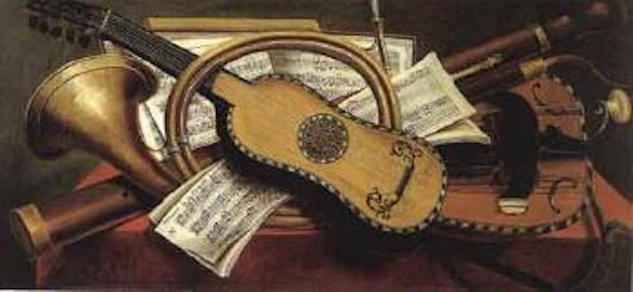 Musical instruments and scores on a draped table by French School