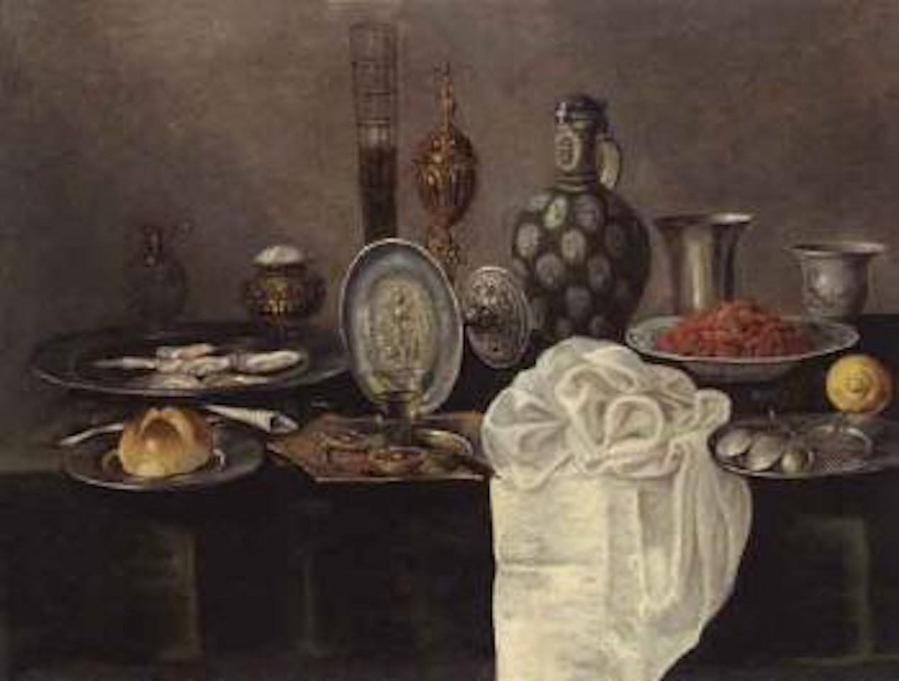Oysters and a roll of bread on pewter plates, lemon and draped table cloth by Willem Claesz Heda