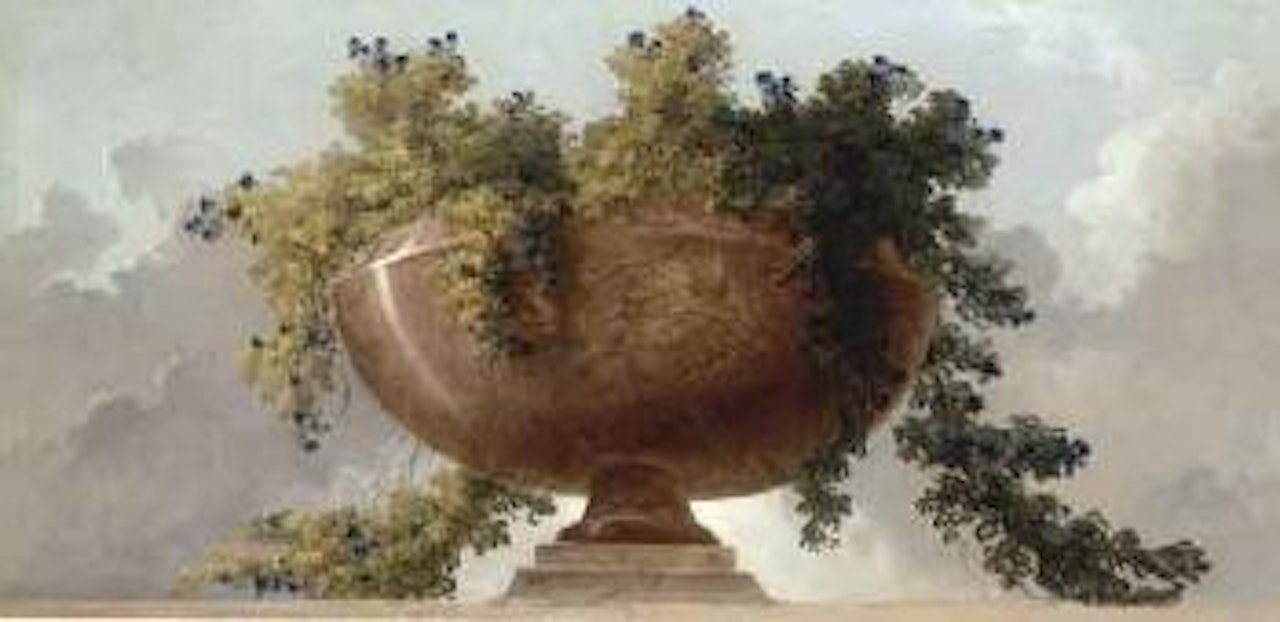 Porphyry vase with flowers and garland silhouetted against the sky by Hubert Robert
