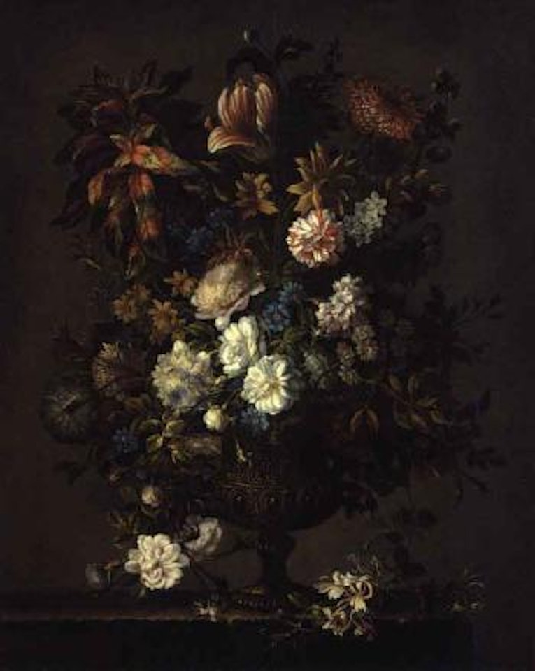 Roses, carnations, chrysanthemums and other flowers in a bronze urn by Jean Baptiste Monnoyer