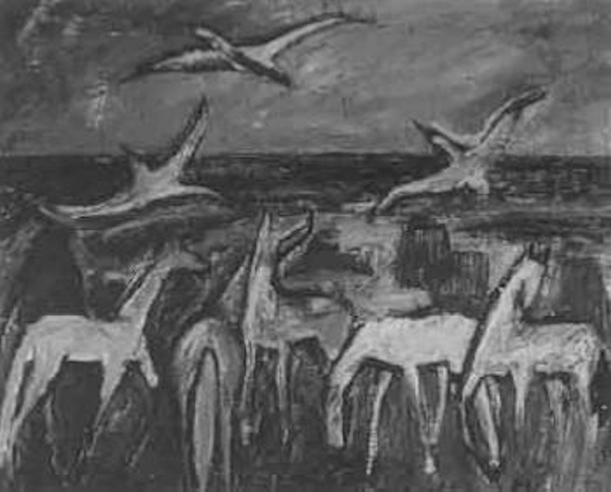 Horses and seagulls by the sea by Reidar Särestöniemi