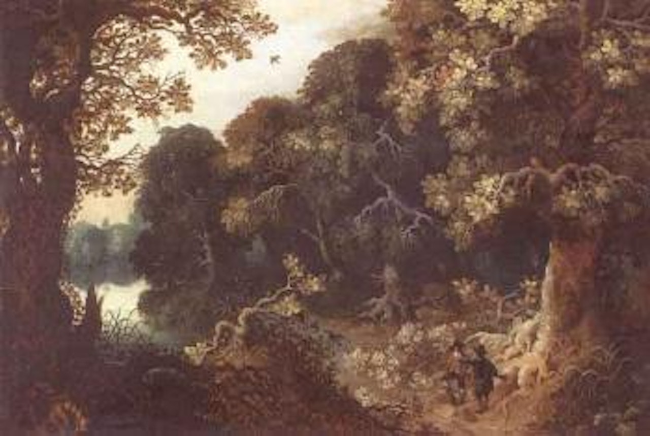 Paysage boise anime de chasseurs by Abraham Govaerts