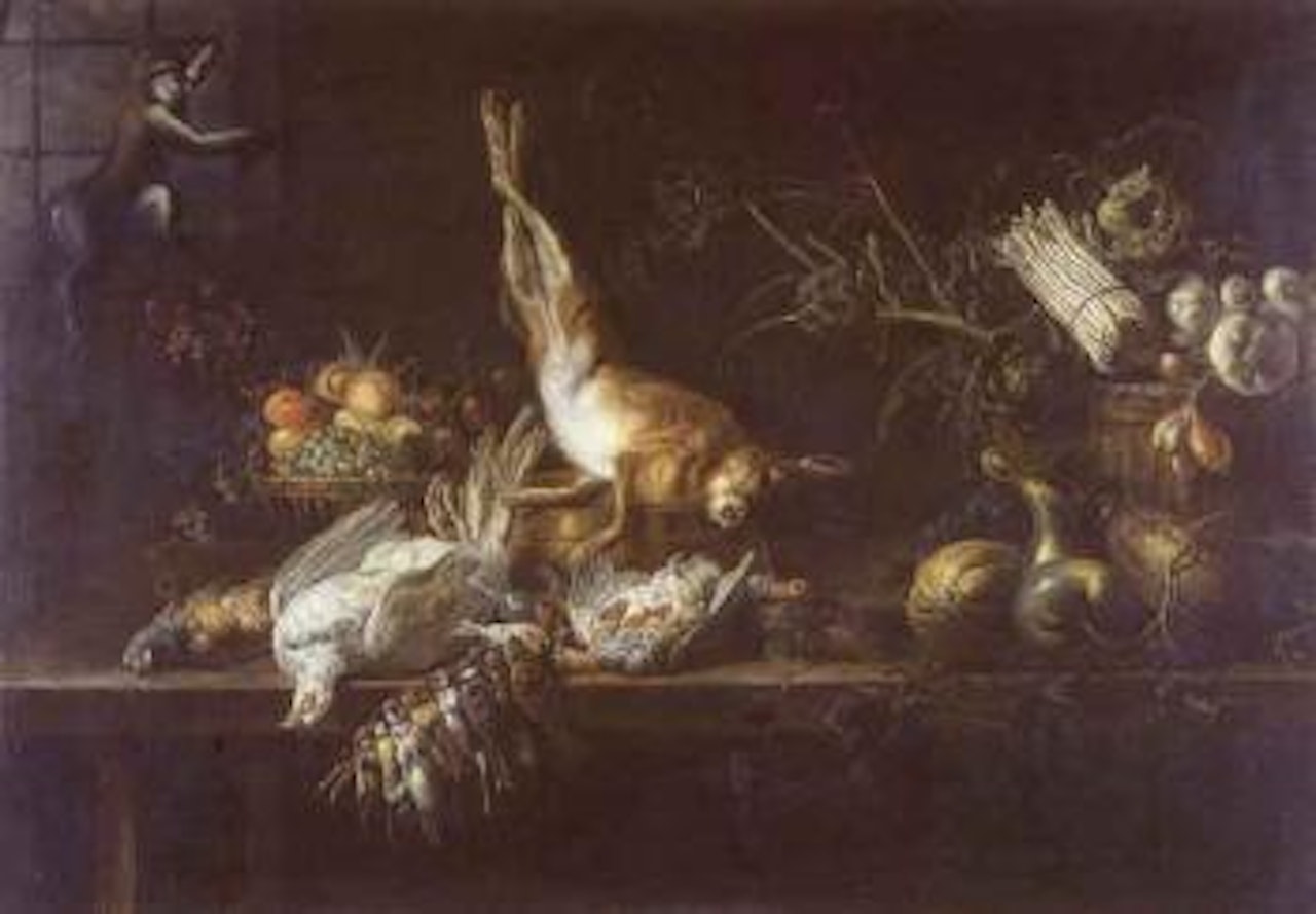 Corbeille de fruits, gibier et legumes sur entablement et singe assis a la fenetre by Adriaen van Utrecht