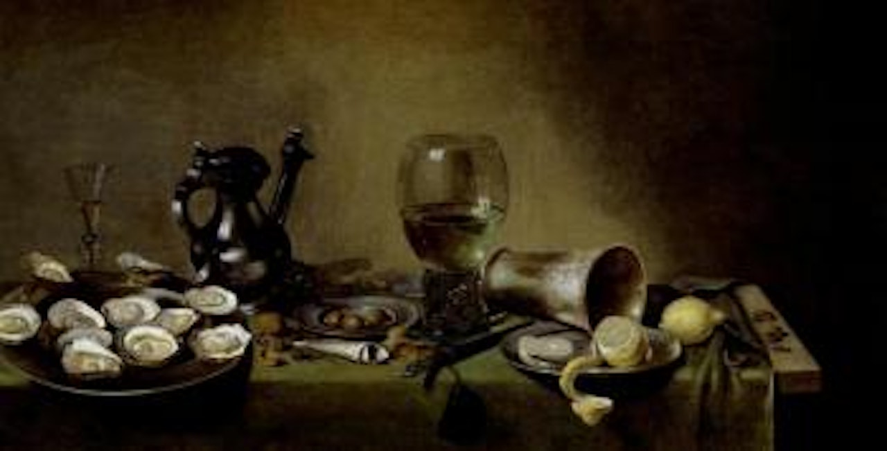 Still life with oysters, pewter ewer, wine glass, beaker and lemons by Willem Claesz Heda