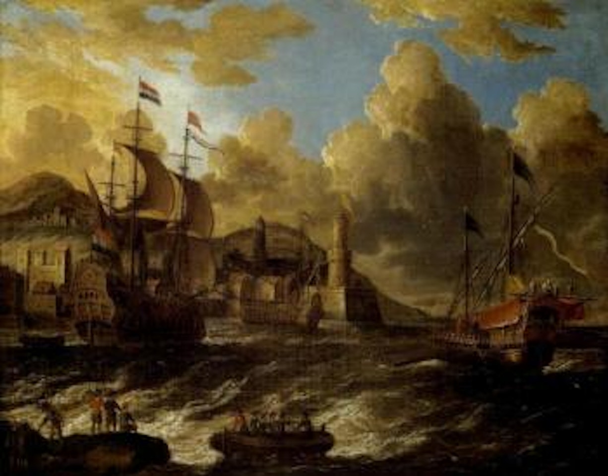 Ships in heavy seas outside southern harbour city by Pieter van de Velde