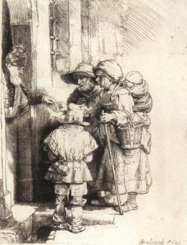 Beggars at door by Attributed to Rembrandt Harmensz van Rijn