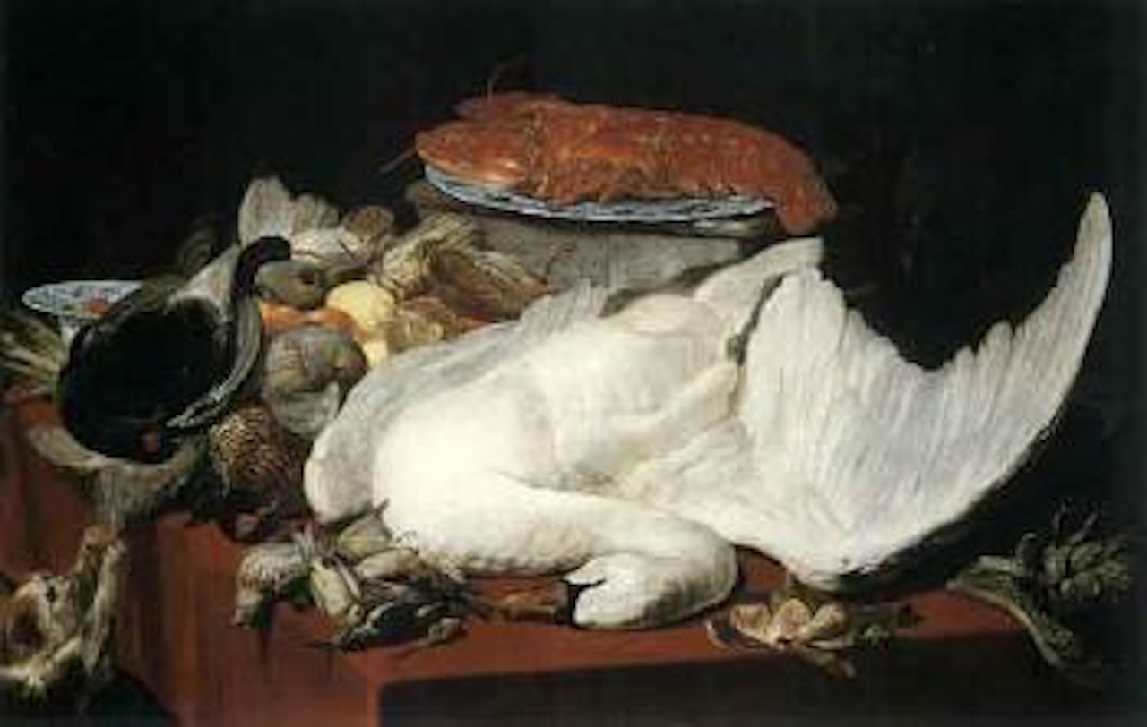 Still life of swan, lobster on blue and white porcelain plate by Paul de Vos