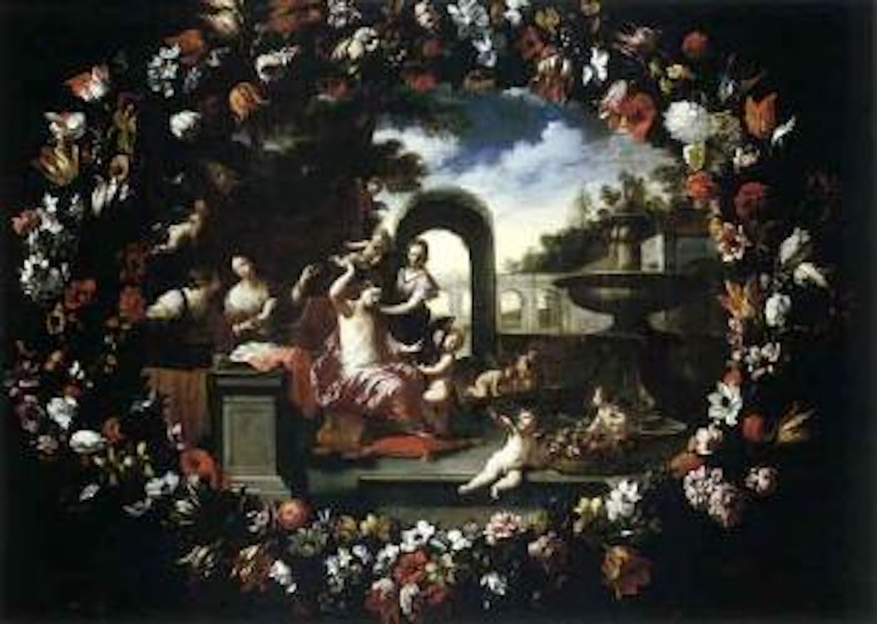 Garland of flowers surrounding scene of Venus at her toilet by Pier Francesco Cittadini