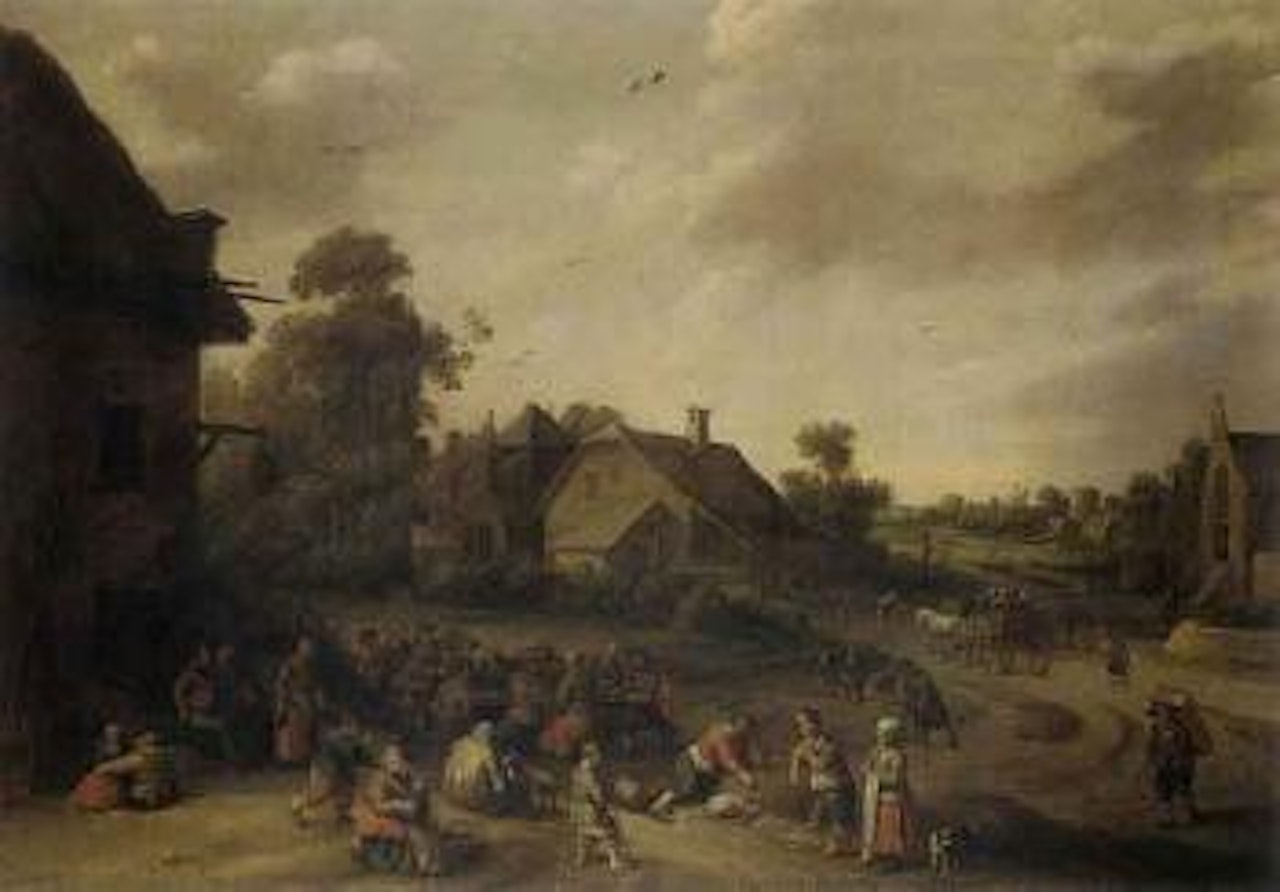 Landscape with peasants merrymaking outside an inn by Joost Cornelisz Droochsloot