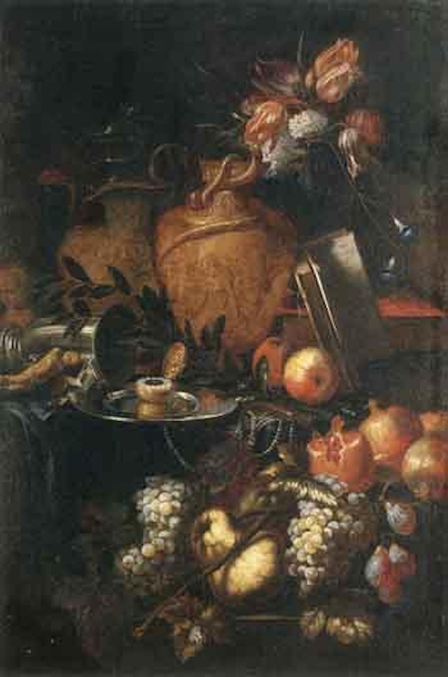 Still life of silver and gilt jewellery and a pocket watch on a table by Roman School