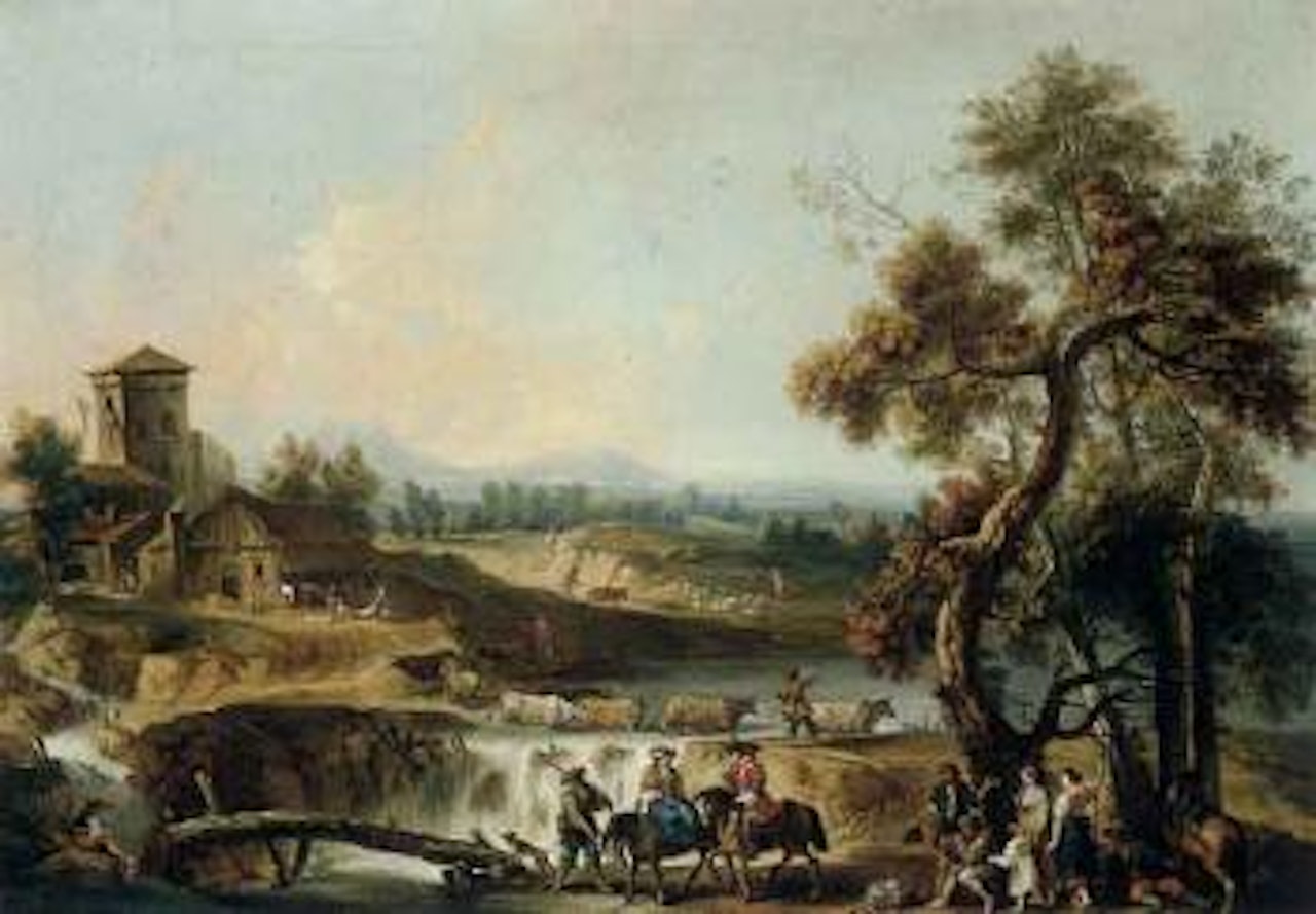 River landscape with elegant travellers and other figures by a wooden bridge by Giovanni Battista Cimaroli