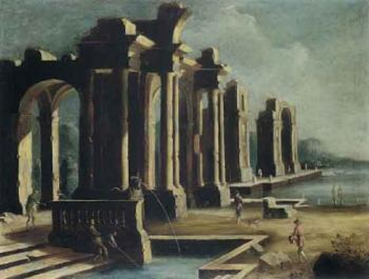 Architectural capriccio with figures by a fountain by Gennaro Greco