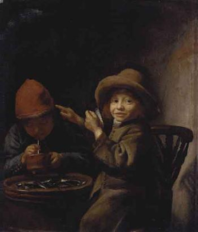 Boy eating mussels, another lighting a pipe by Jan Miense Molenaer