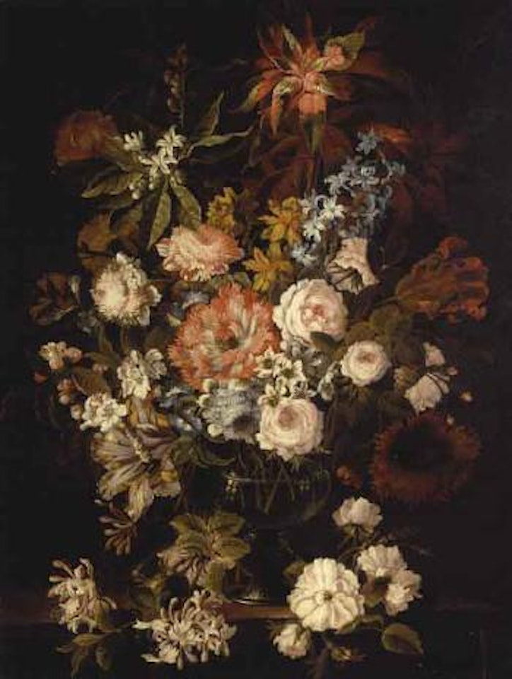 Hyacinth, roses and other flowers in a glass vase on a stone ledge by Jean Baptiste Monnoyer