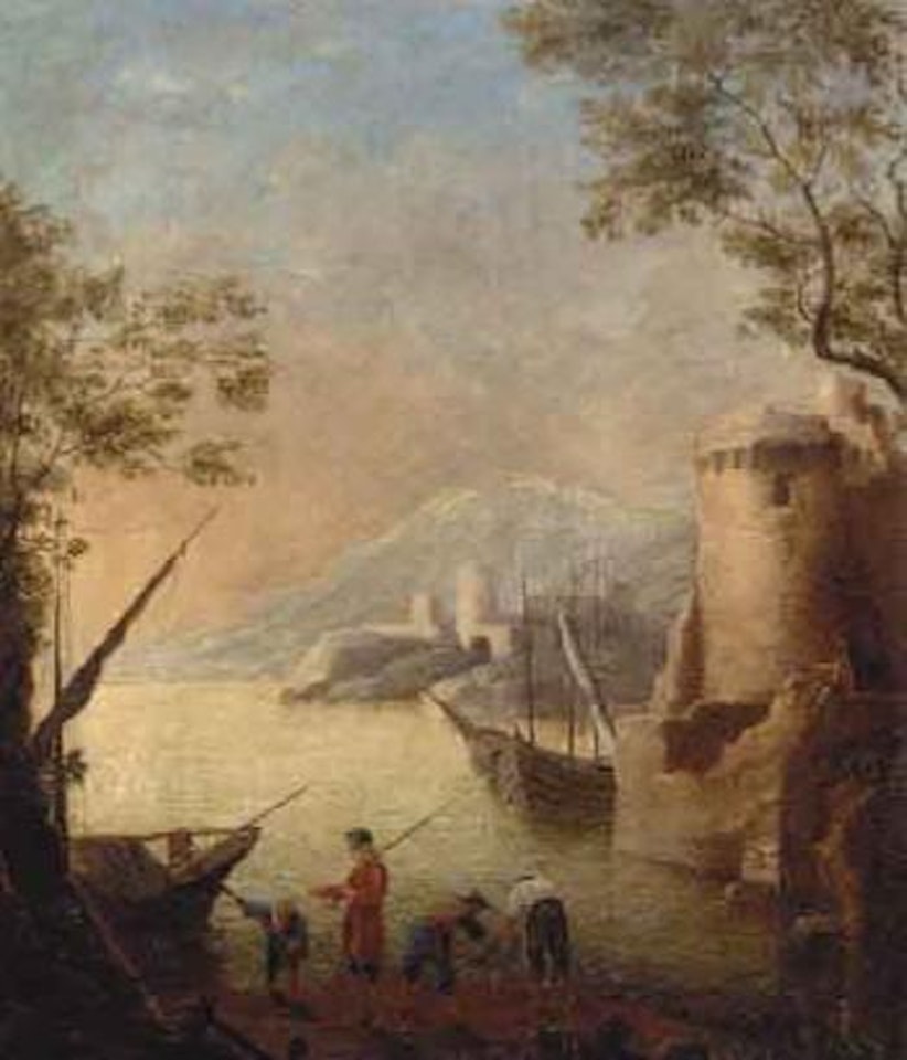 Harbour at sunset with fishermen by the shore by Claude Lorrain