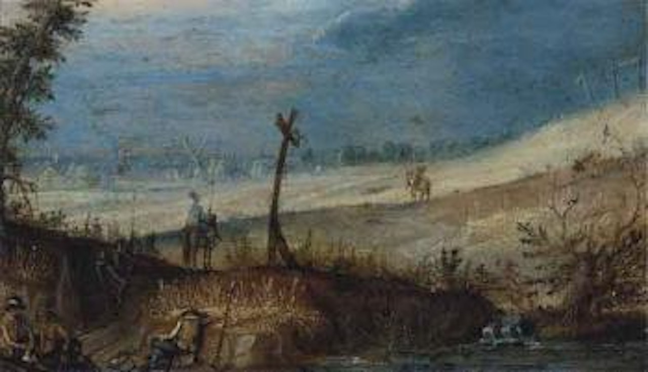 Landscape with soldiers resting by a path and two cavaliers in arms on their mounts, village beyond by Anton Mirou