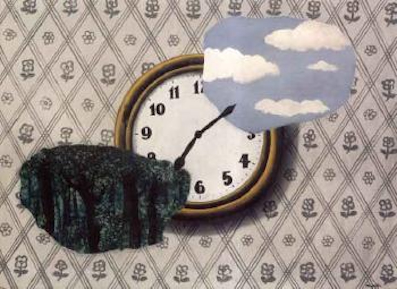 Les reflets du temps or Composition with clock, sky and forest by René Magritte