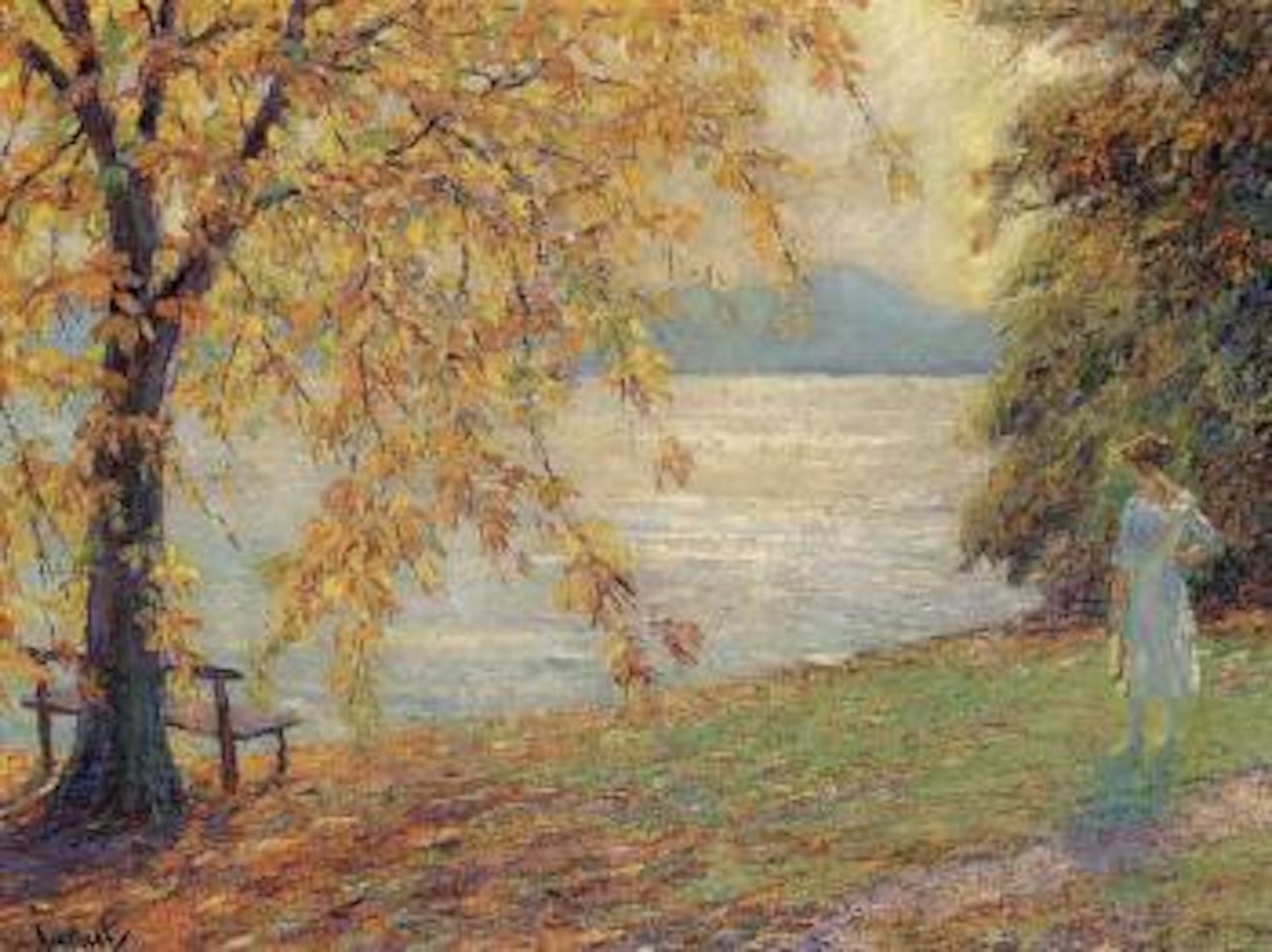 Dame in weisem Kleid am see by Edward Cucuel