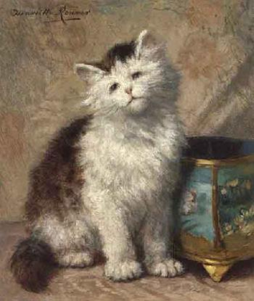 Kitten by a cloisonne jardiniere by Henriette Ronner-Knip