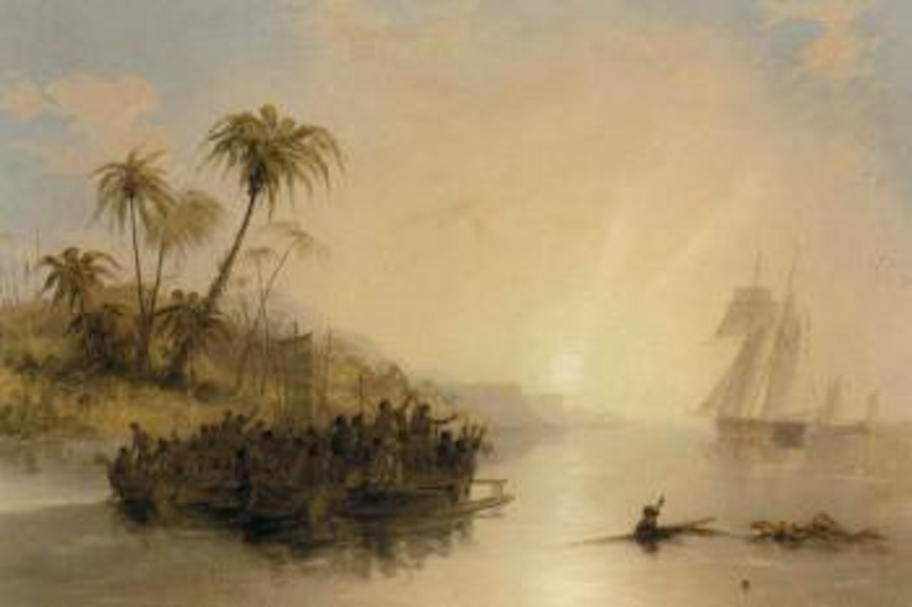 British surveying ship in the South Pacific greeted by islanders in outrigger canoes by John Wilson Carmichael