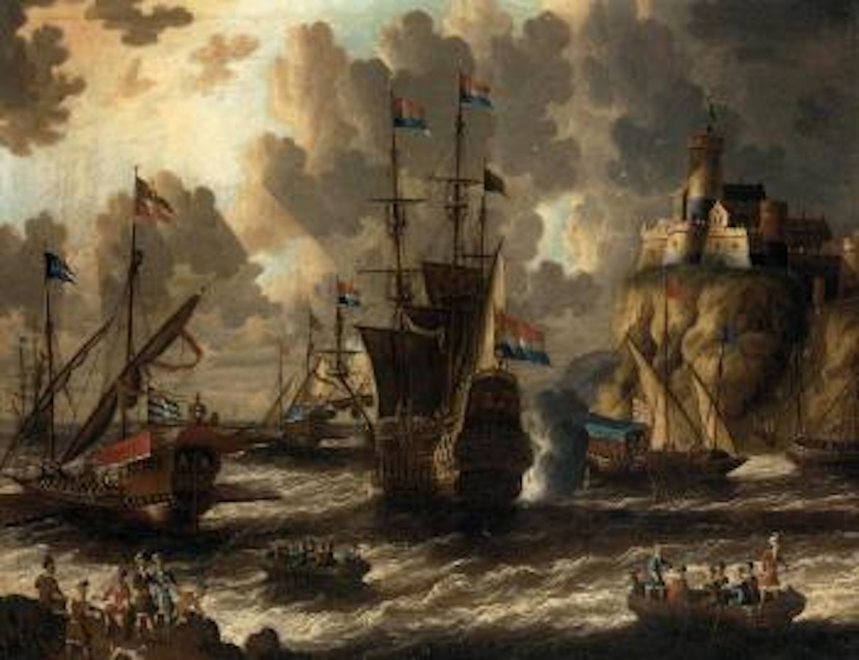Dutch flagship saluting as she clears a Turkish harbour escorted by Galeasses by Pieter van de Velde