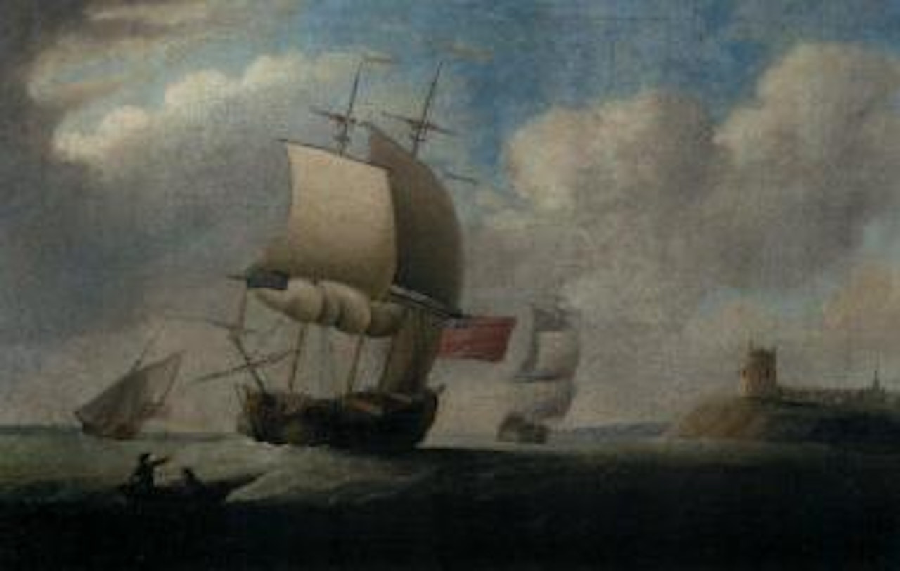 British men-o-war off a fortified town by Peter Monamy