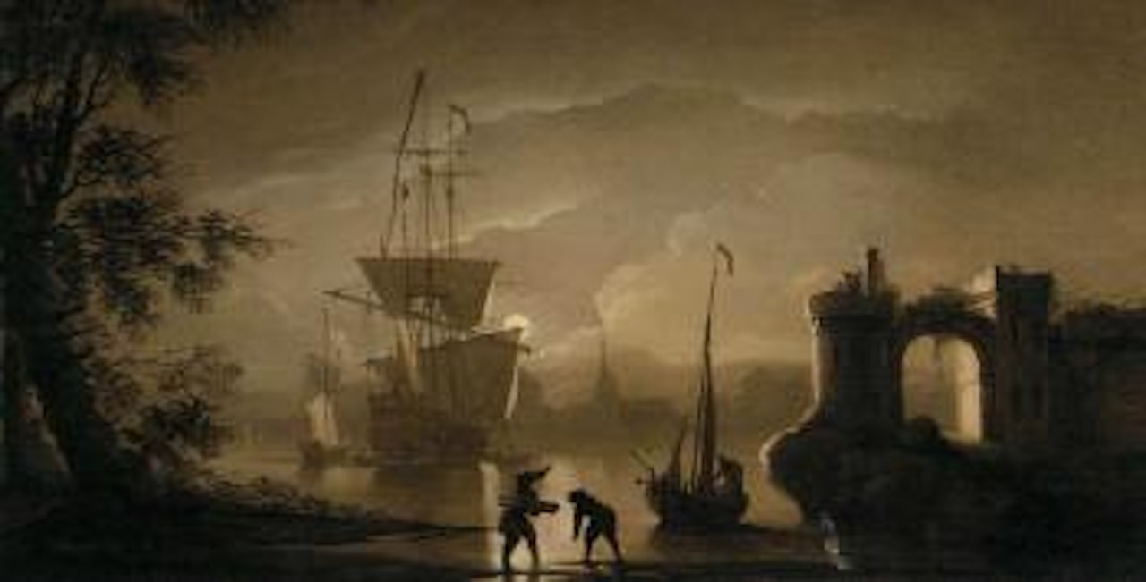 Man-o-war preparing to set sail from an English port by moonlight by Peter Monamy