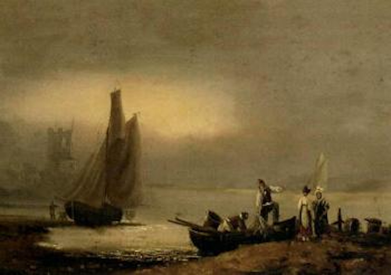 Fishermen on the foreshore at Dartmouth with the castle beyond by Thomas Luny