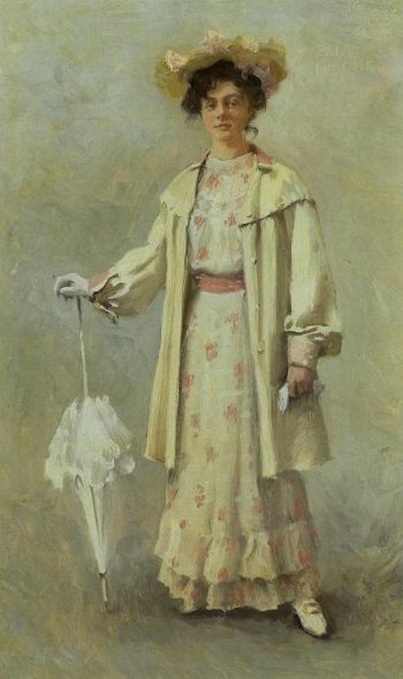 Young woman wearing white dress and hat with flowers by Paul Fischer