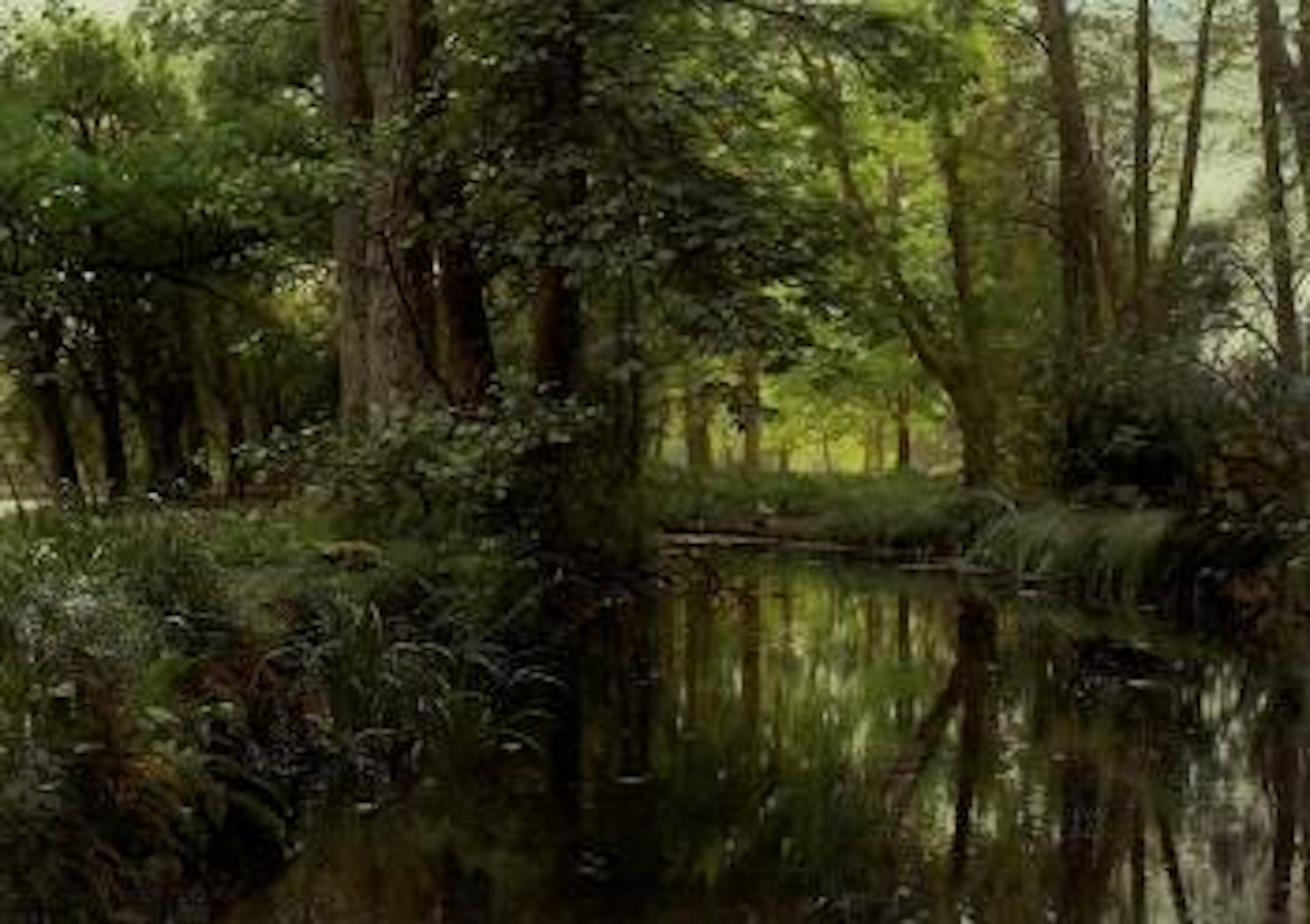 River through birch wood, ducks by water's edge by Peder Mork Monsted