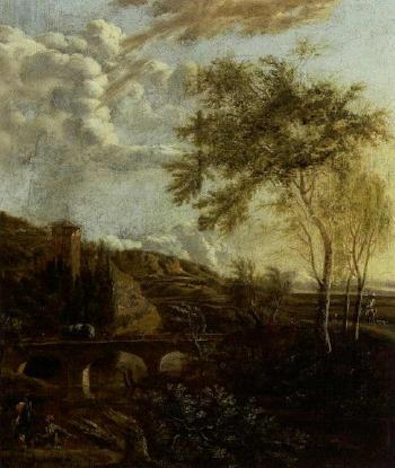Romantic landscape with large trees and bridge across river by Isaac de Moucheron