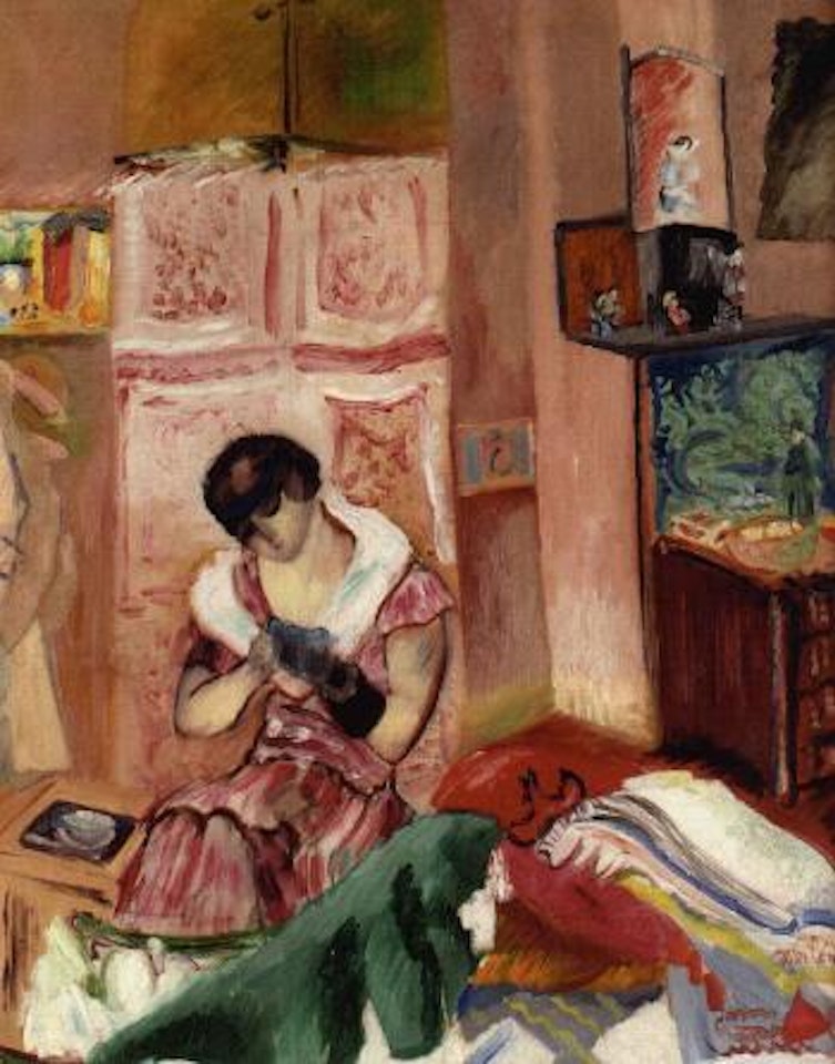 Berthe mending stockings by Sigrid Hjertén