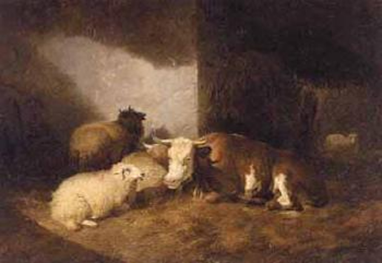 Cows and sheep in a barn by Thomas Sidney Cooper