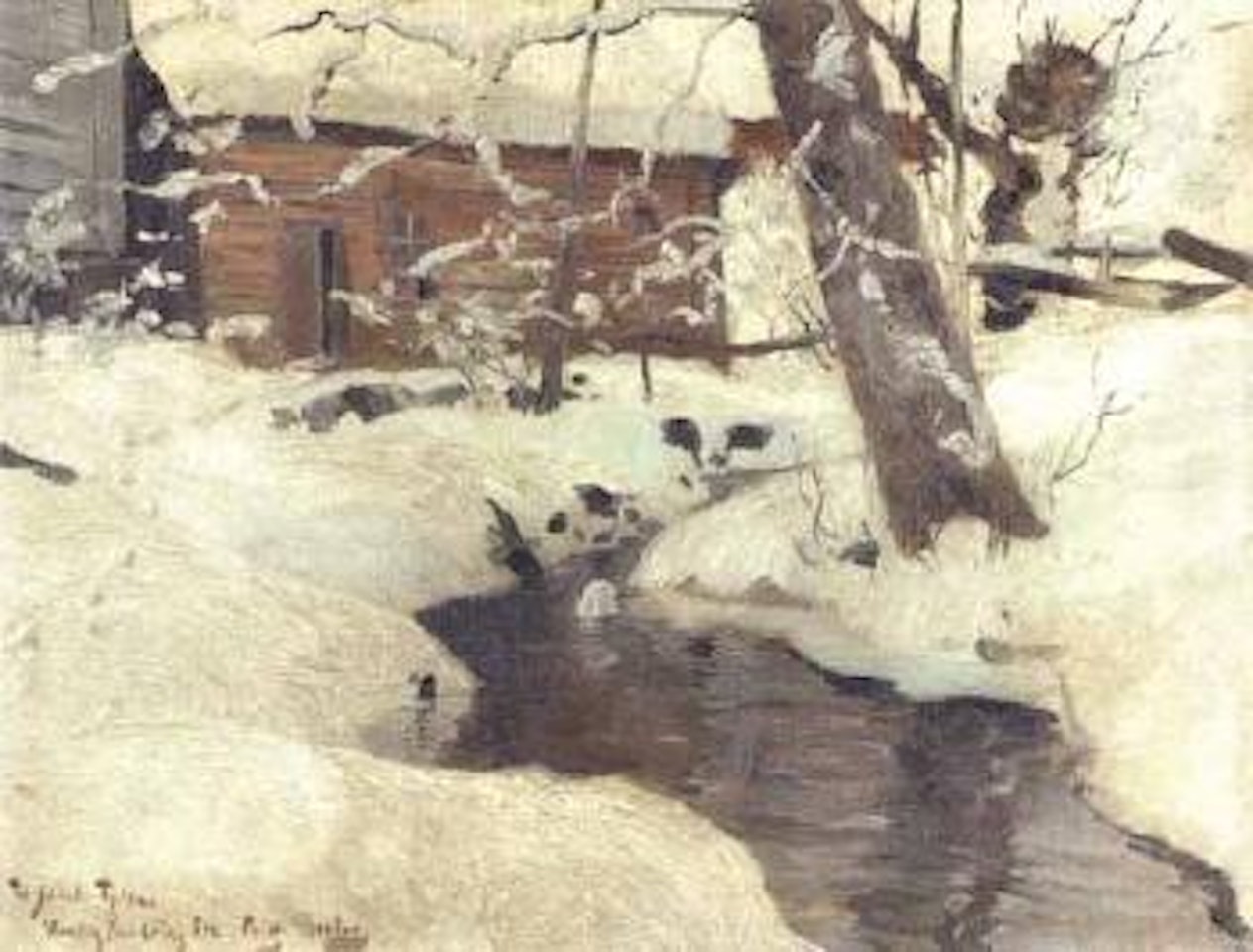 Snow covered cottage by a stream by Fritz Thaulow