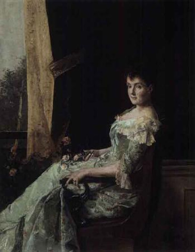 Elegant lady with flowers by Alfred Stevens